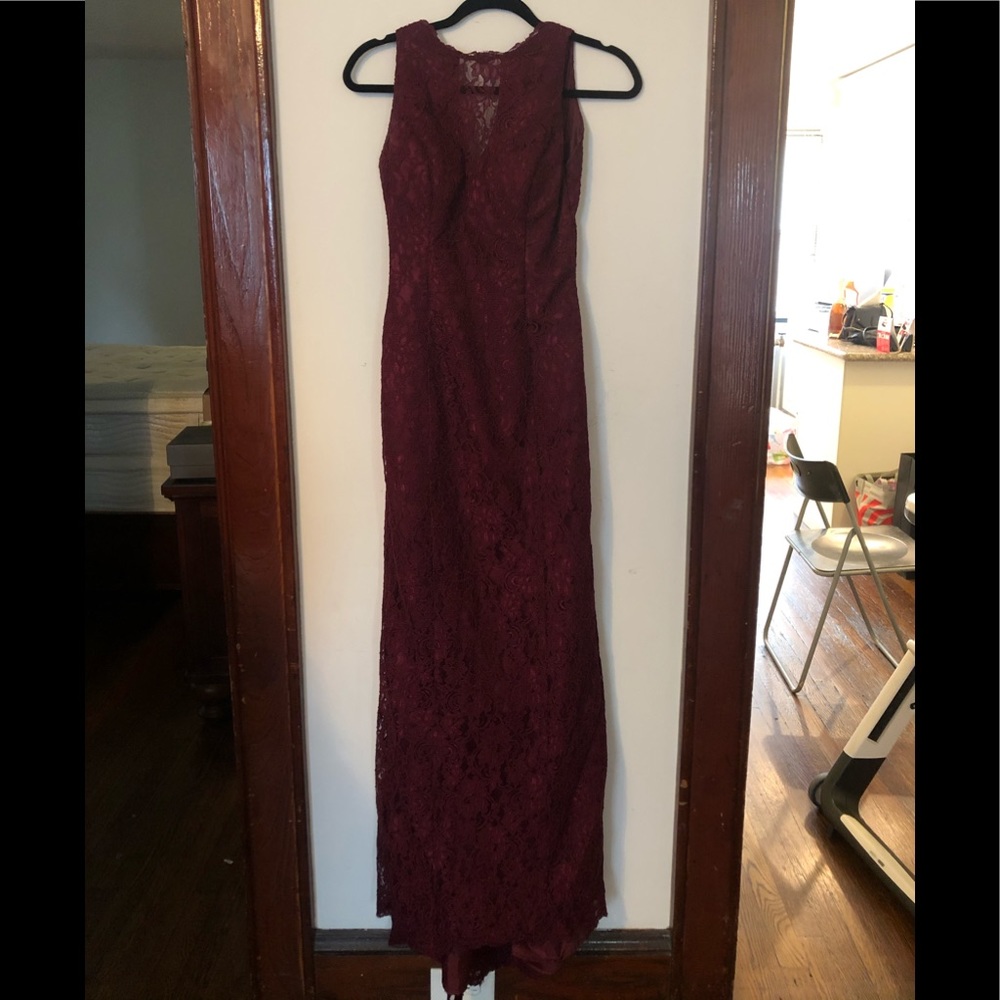 Lace burgundy low back gown